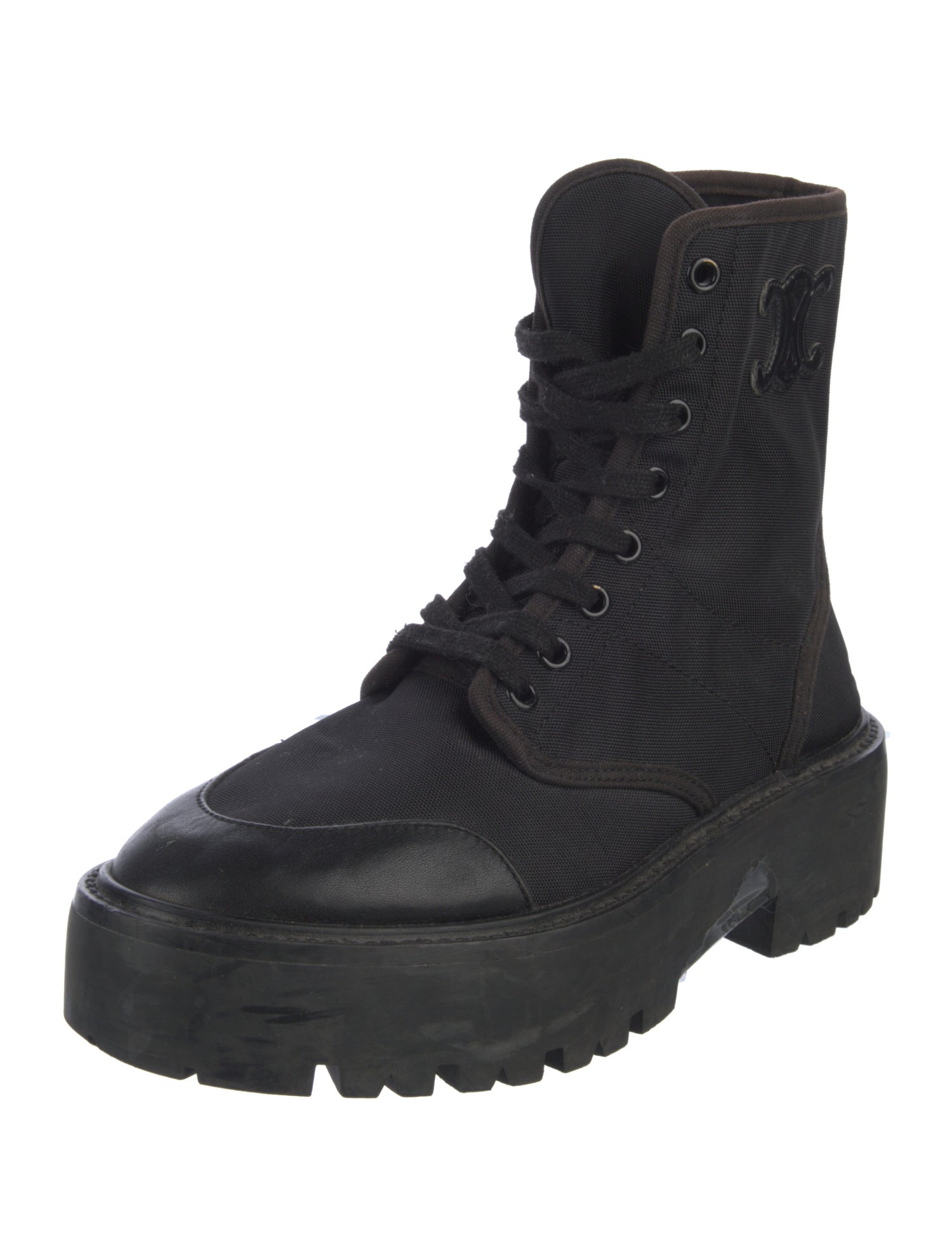 Celine Canvas Leather Trim Embellishment Combat Boots
